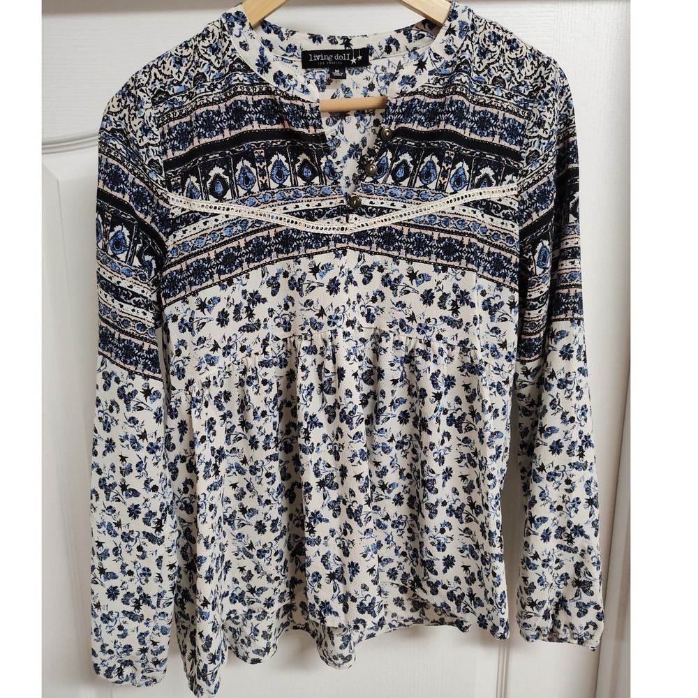 Living Doll Los Angeles Blue Floral Boho Peasant Blouse Babydoll Top Medium